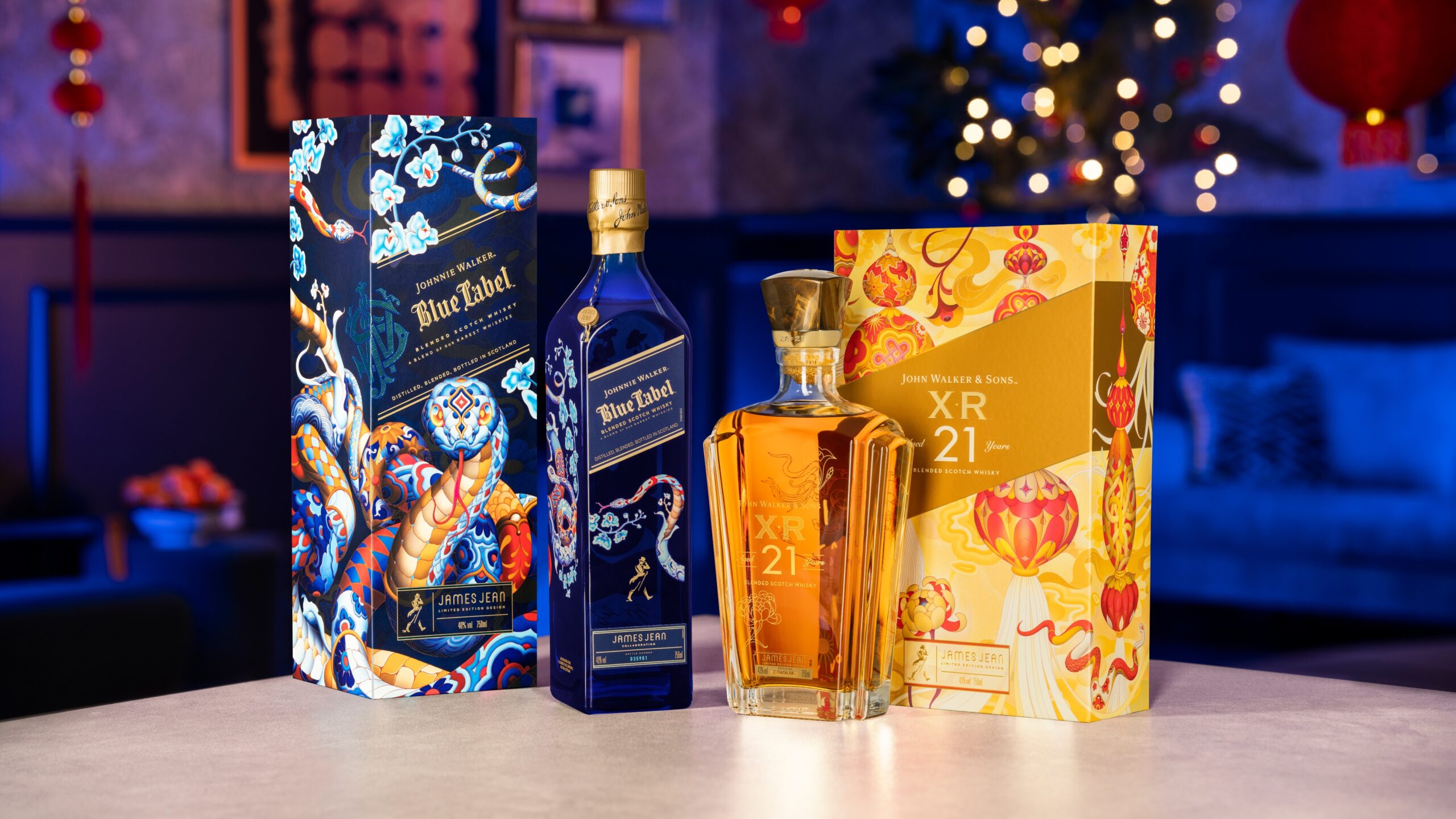 Artist James Jean's limited-edition Lunar New Year 2025 designs feature three wisdom-bearing snakes amid blooming flowers for Johnnie Walker Blue Label and auspicious serpents dancing among festive lanterns for John Walker & Sons XR 21, both celebrating the Year of the Snake with exceptional whiskies that embody prosperity and new beginnings.