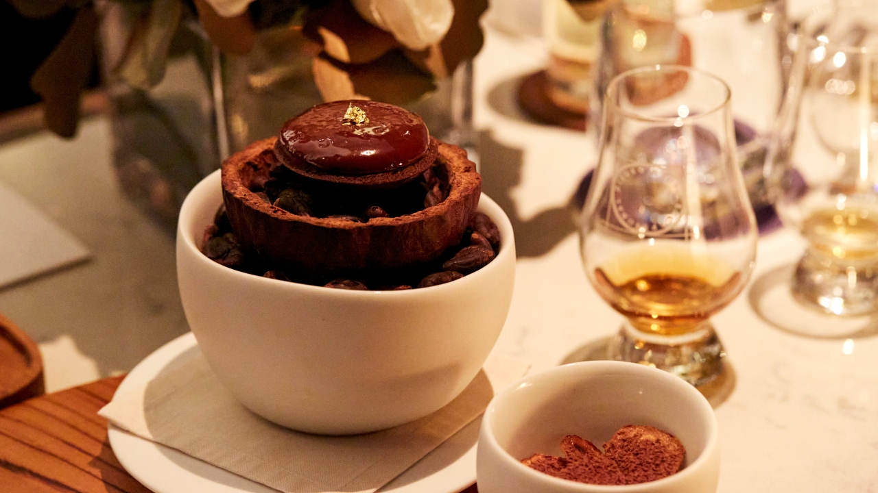 An 80 per cent Pahang cacao tart with as side of chocolate sorbet and banana chips.