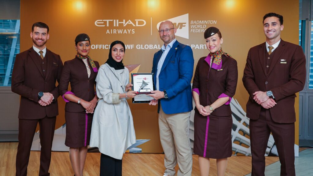 Etihad chief people & corporate affairs officer Dr. Nadia Bastaki (third from left) and BWF secretary general , Thomas Lund (third from right) during the announcement of the partnership in Kuala Lumpur.